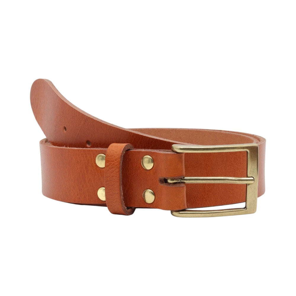 Brandy leather belt with gold buckle on a white background