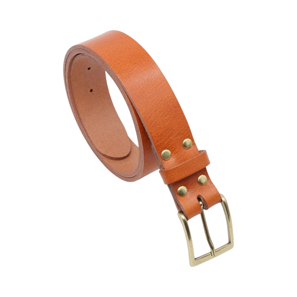Brandy  leather belt with gold buckle on a white background