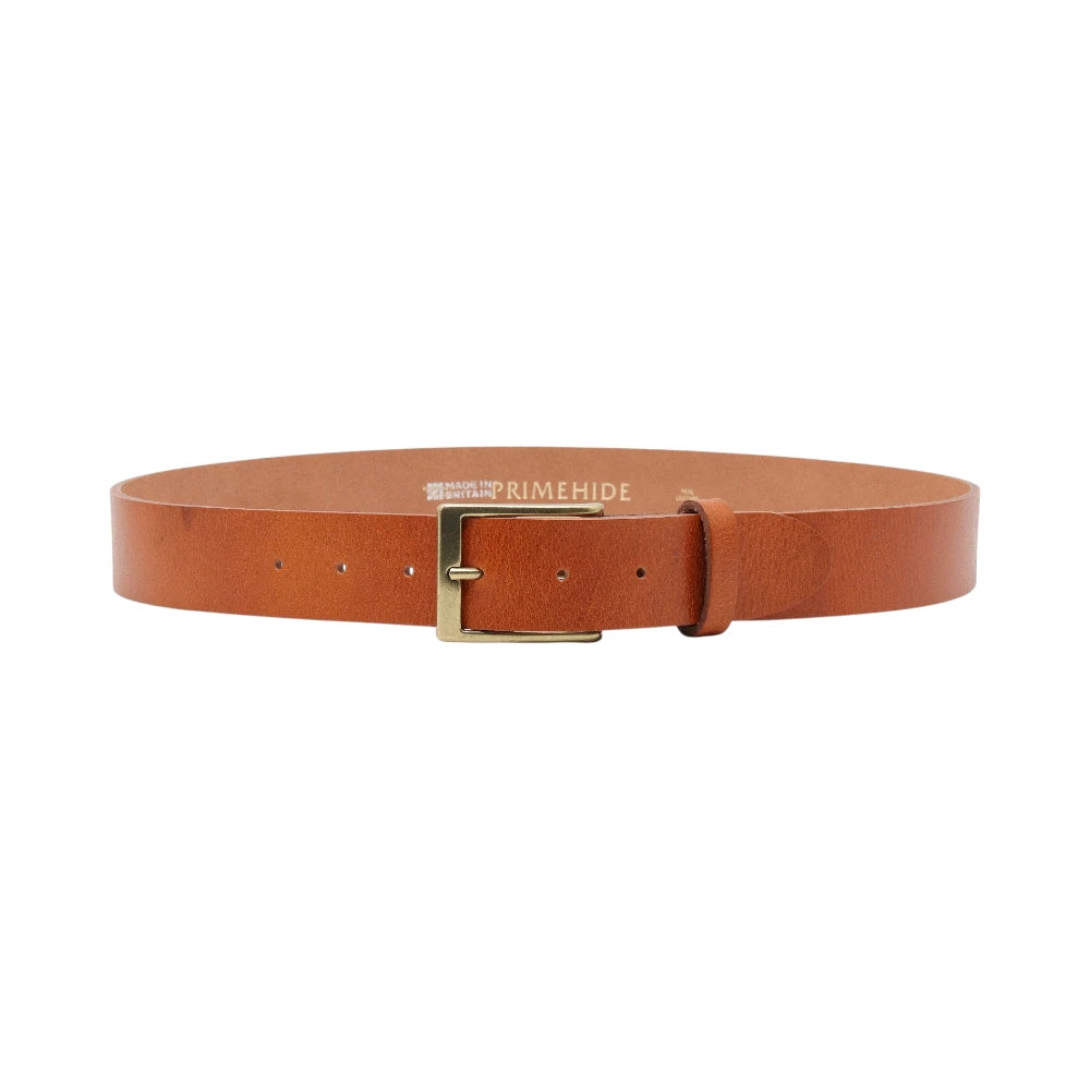 Brandy leather belt with a gold buckle on a white background