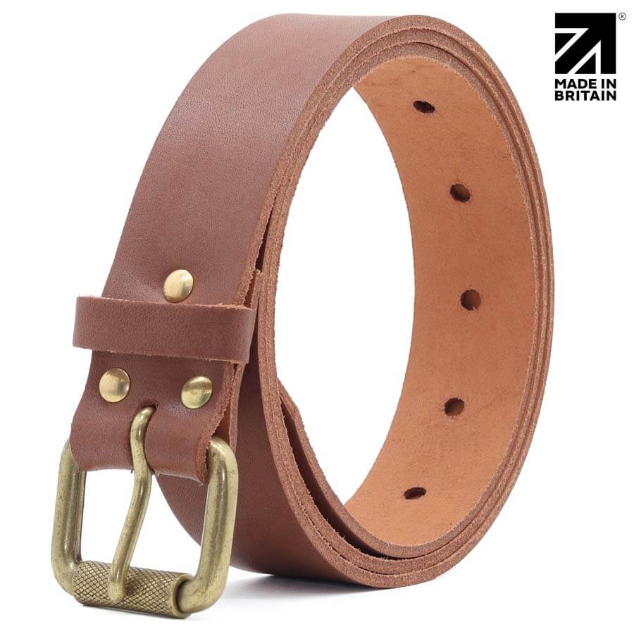 Made in Britain Full Grain leather belt for men in a tan colour rolled up showing the buckle 