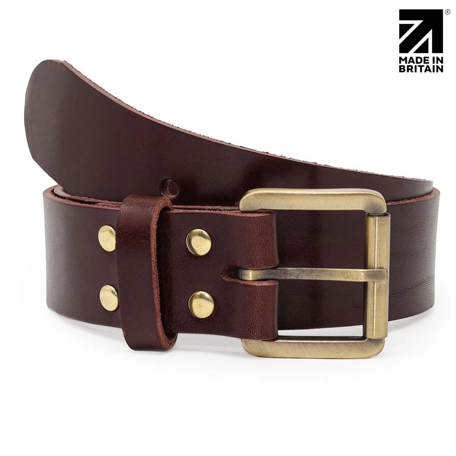 Brown italian full grain leather belt for men with gloss finish and solid brass roller
buckle