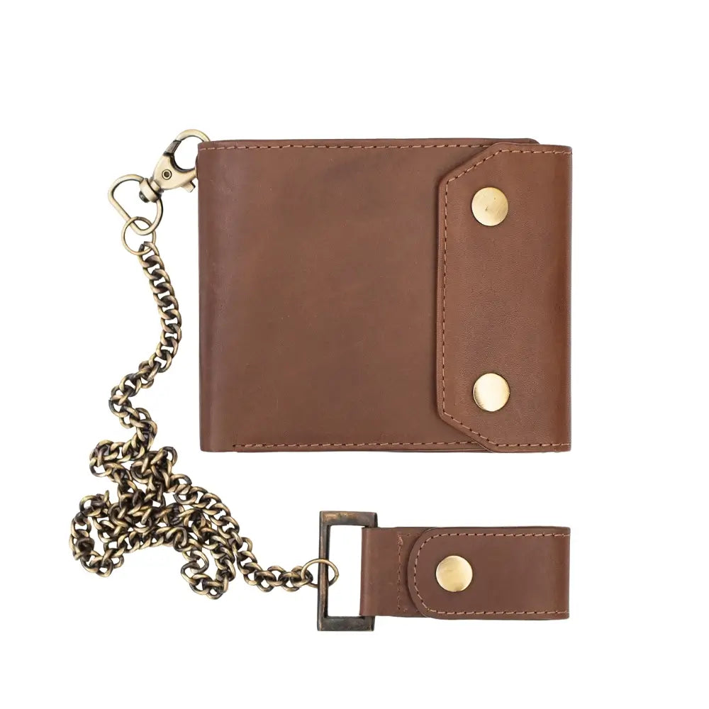 Brown leather wallet with chain on a white background