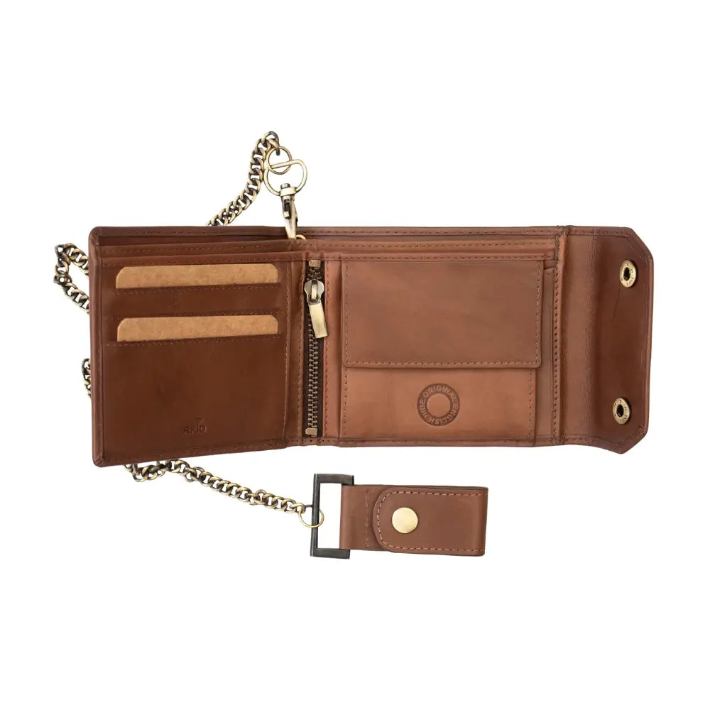 Brown leather wallet with chain strap on a white background