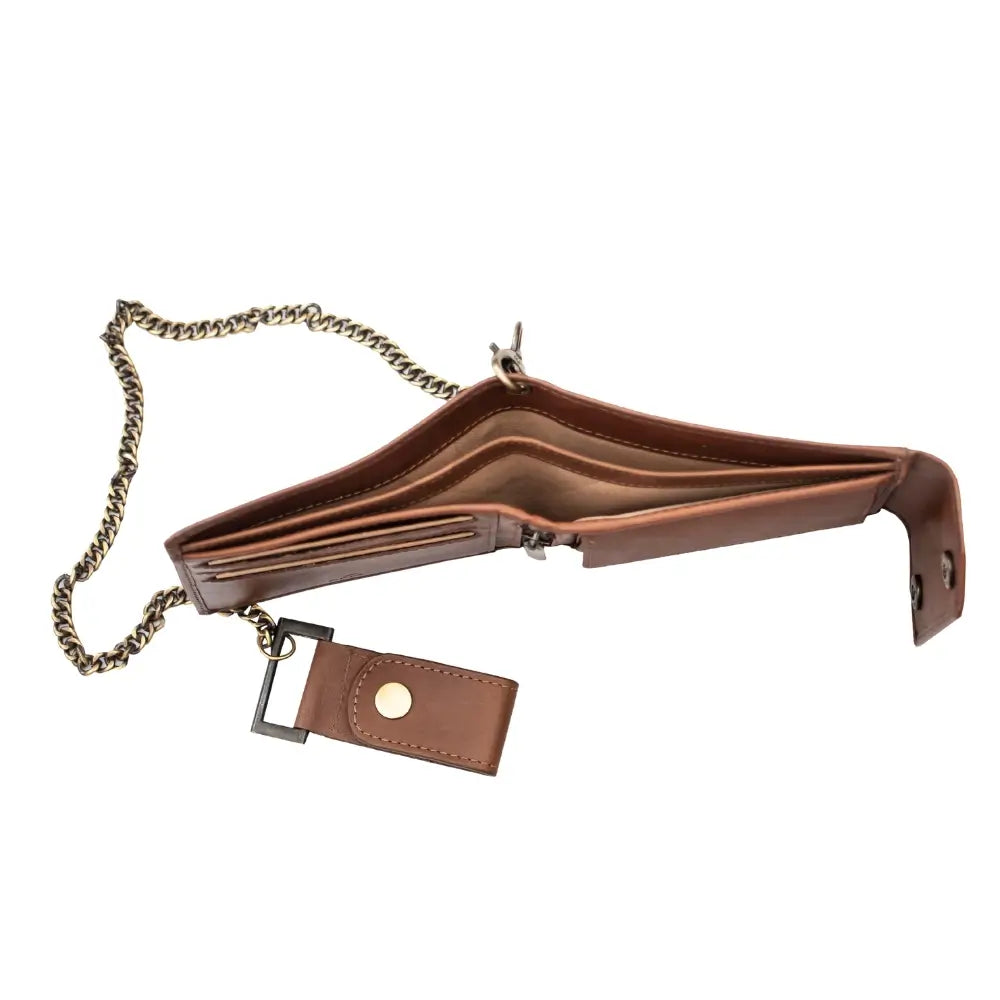 Brown leather wallet with chain on a white background