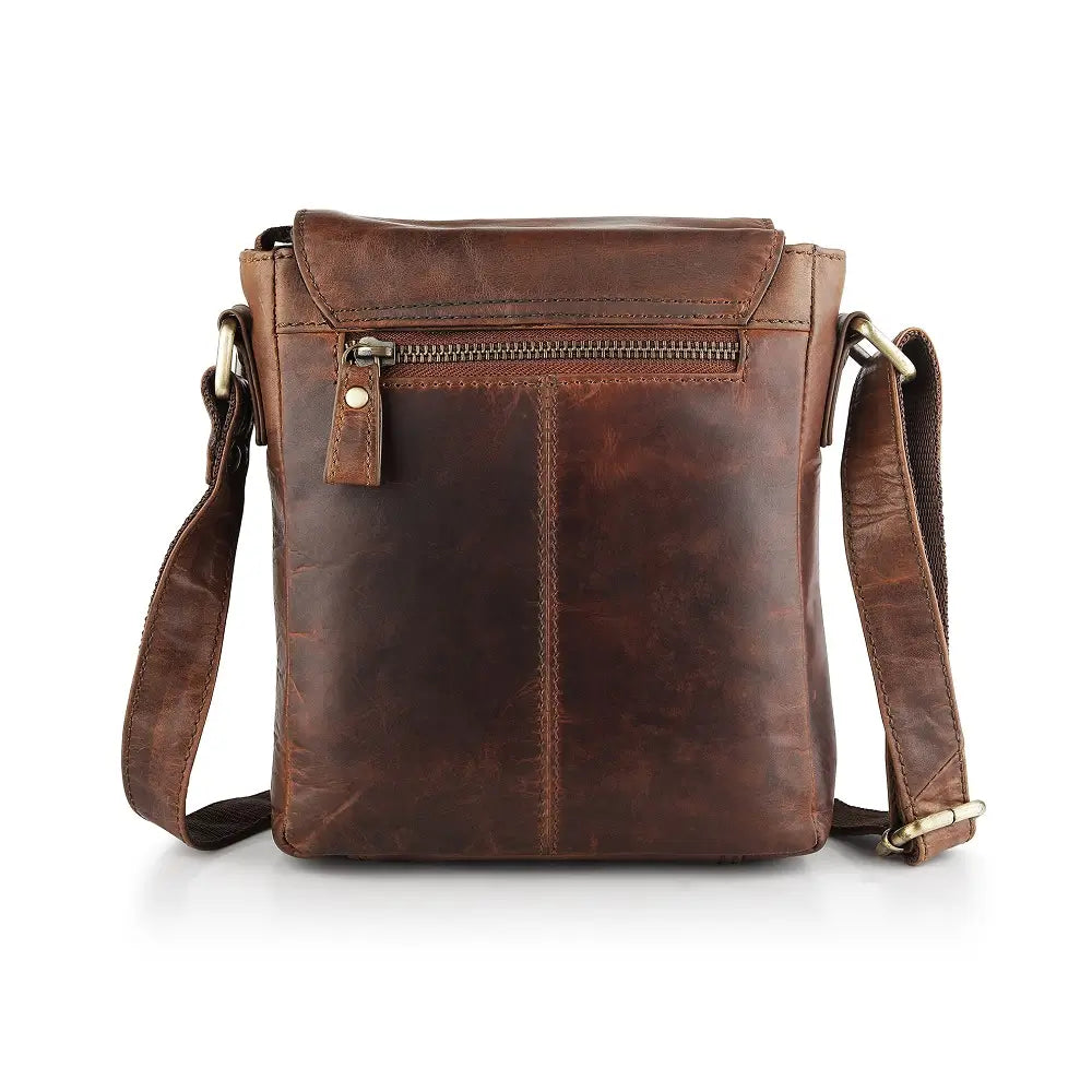 Back view of Brown leather crossbody bag on a white background
