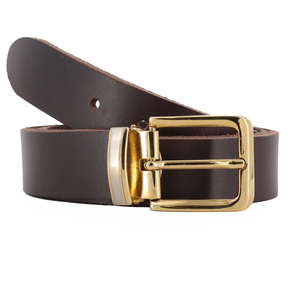 Front view of Brown leather belt with a gold buckle on a white background