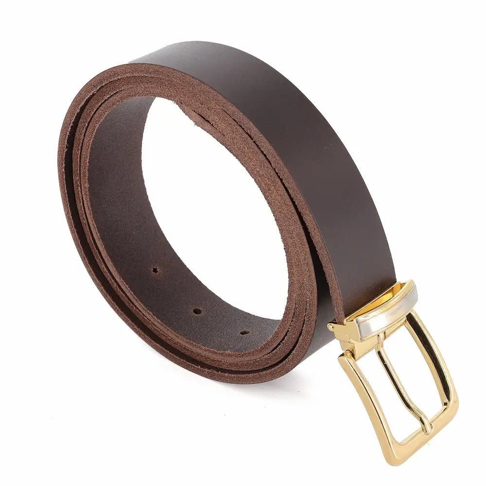 Brown leather belt with a gold buckle on a white background