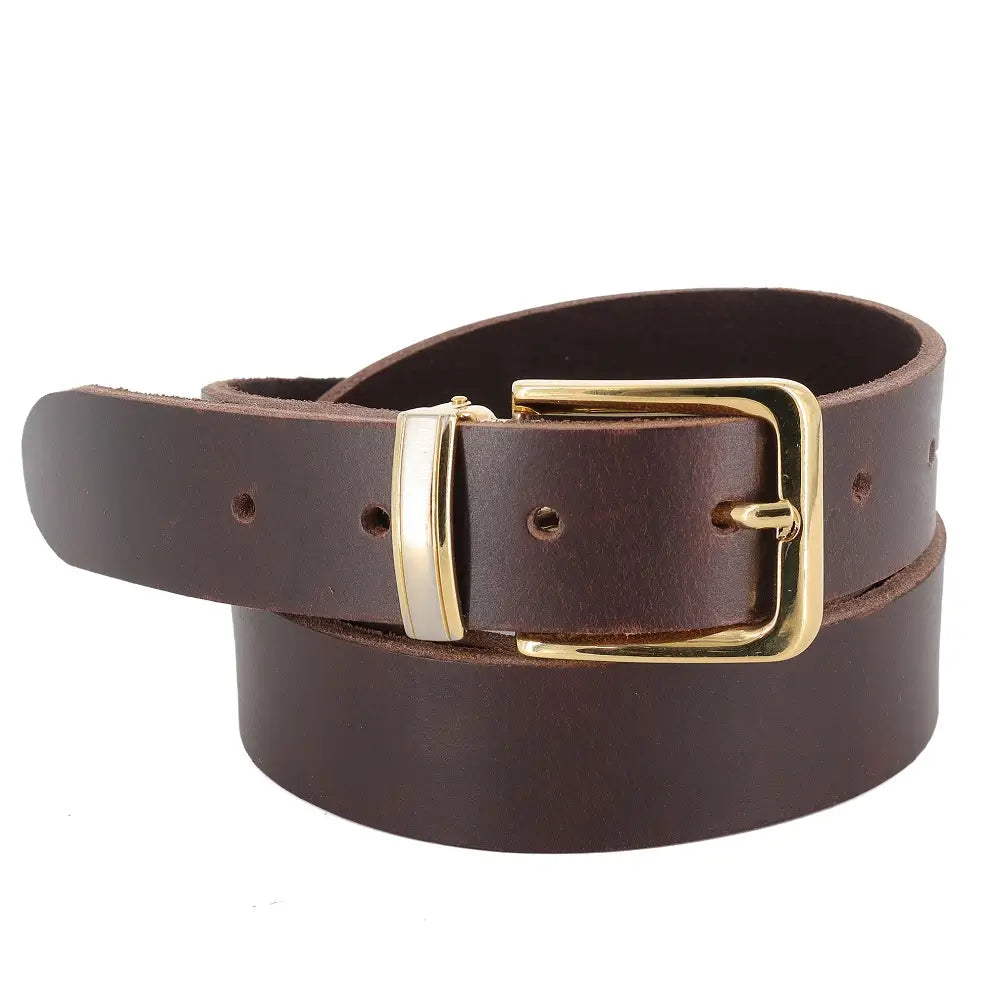 Brown leather belt with a gold buckle on a white background