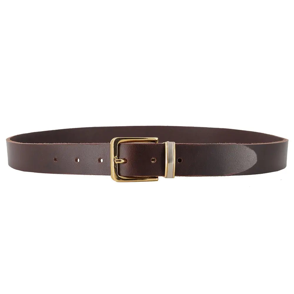 Full width  view of Brown leather belt with a gold buckle on a white background