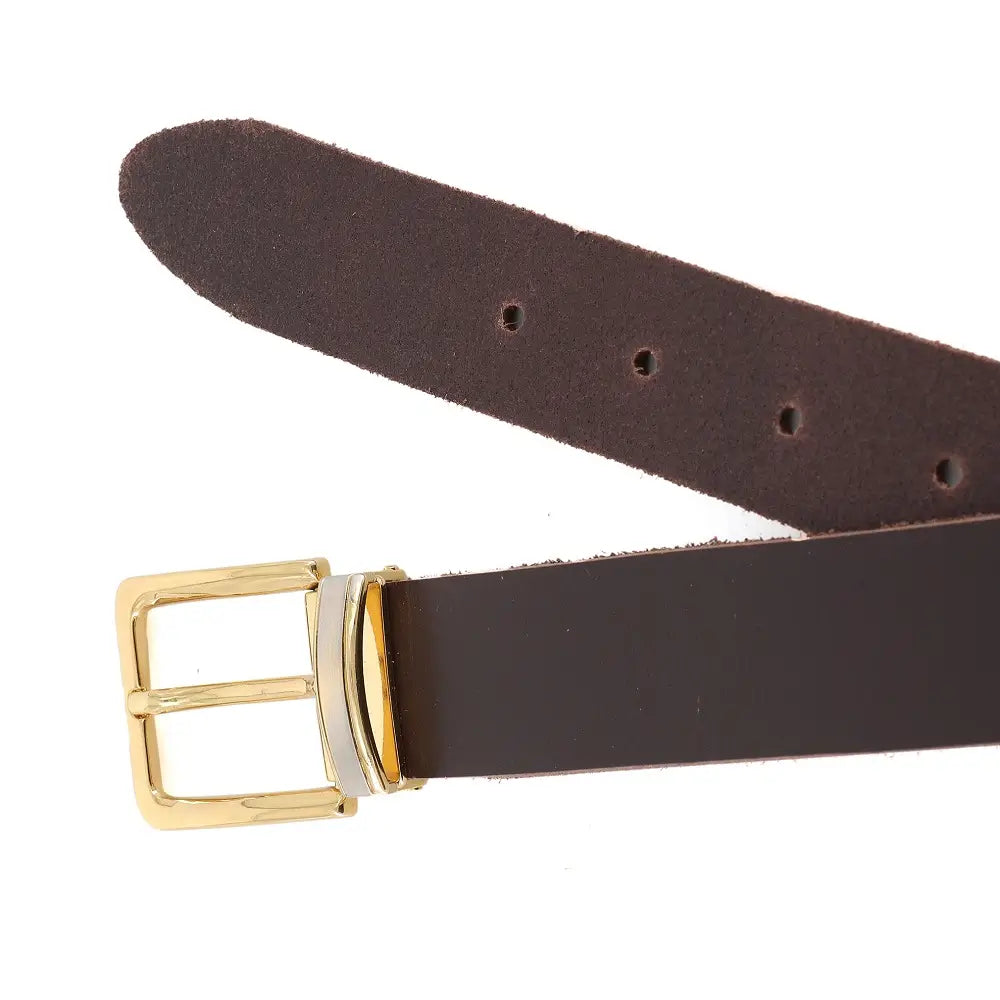 Top angle view of Brown leather belt with a gold buckle on a white background