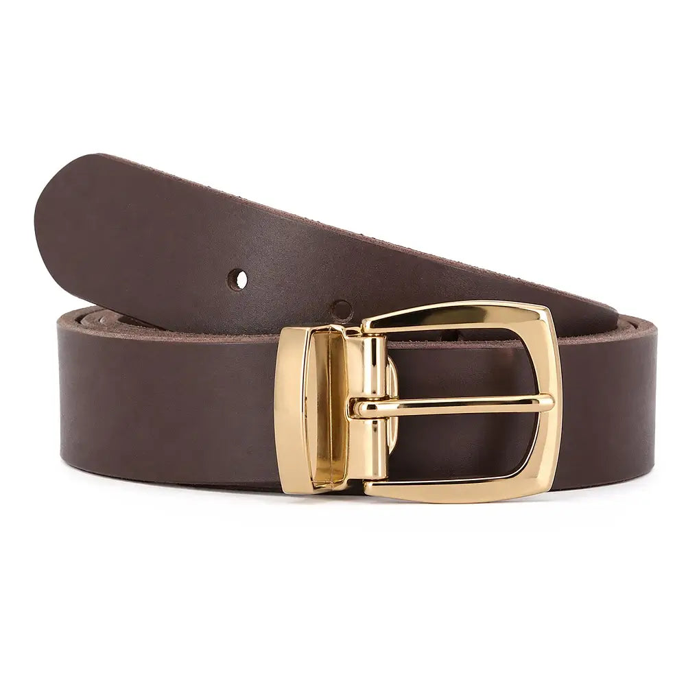 Brown leather belt with gold buckle on a white background.
