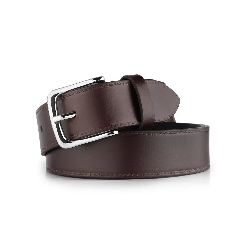 Brown leather belt with a silver buckle on a white background