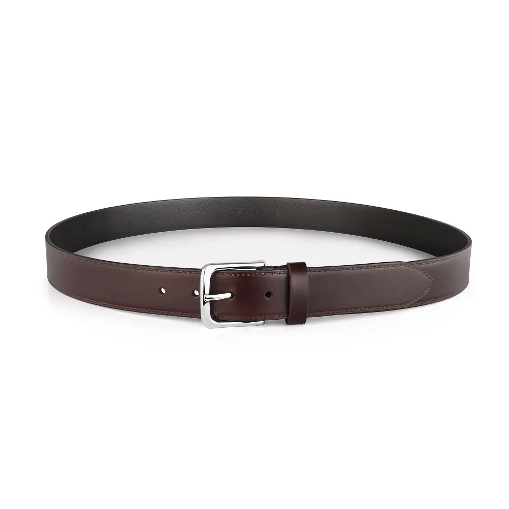 Brown leather belt with a silver buckle on a white background