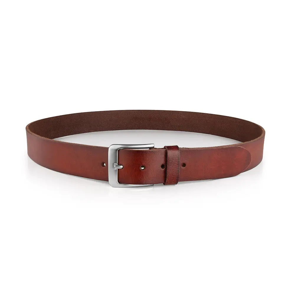 Full width view of Brown leather belt with a silver buckle on a white background