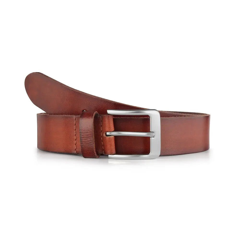 Brown leather belt with a silver buckle on a white background