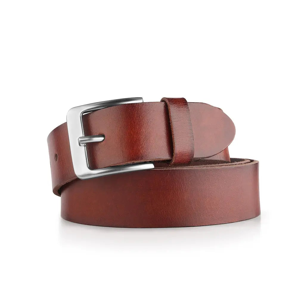 Brown leather belt with a silver buckle on a white background