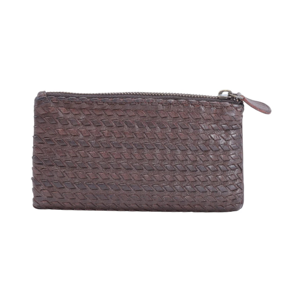 Front view of Brown leather bifold purse with a zipper on a white background