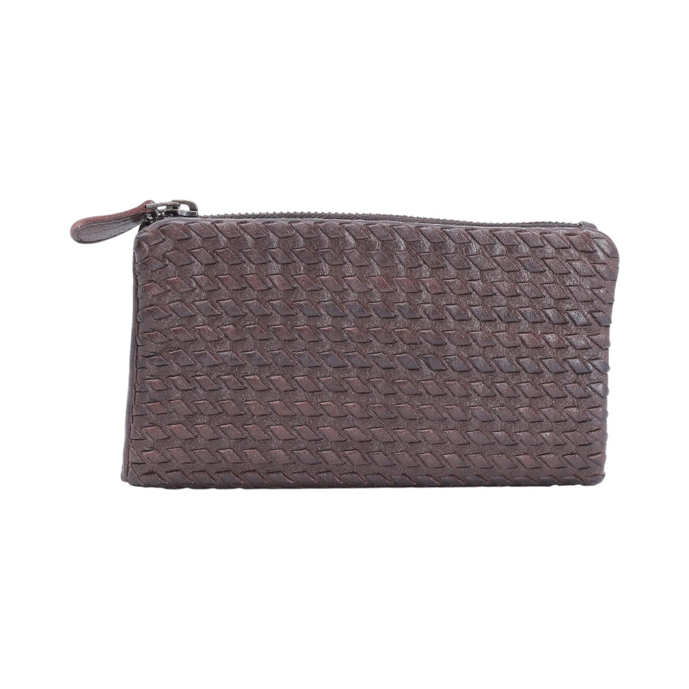 Brown leather purse with a zipper on a white background