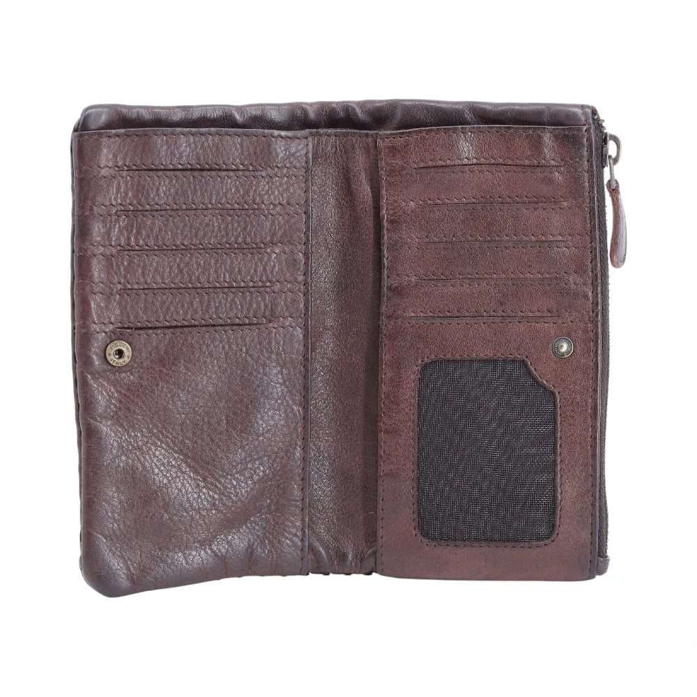 Brown leather purse open on a white background