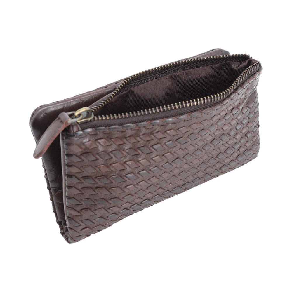 Brown leather purse with zipper on a white background