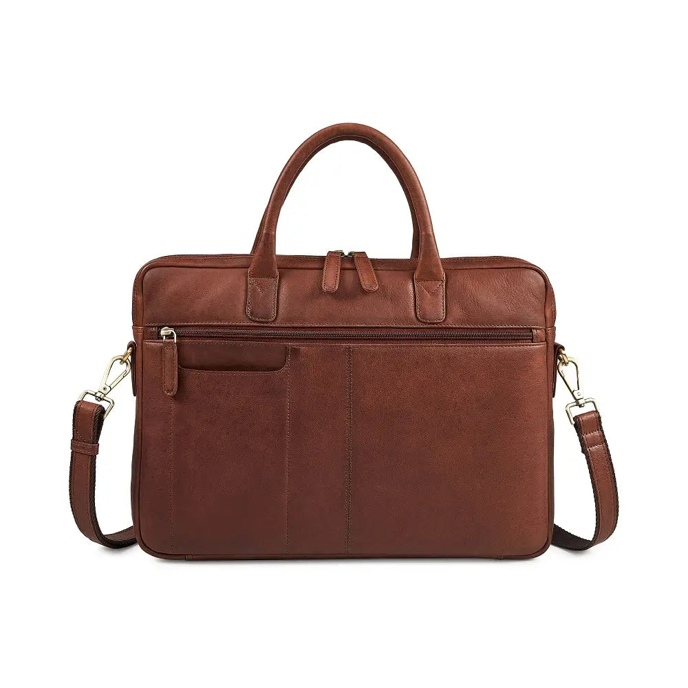 Brown leather briefcase with shoulder strap on a white background