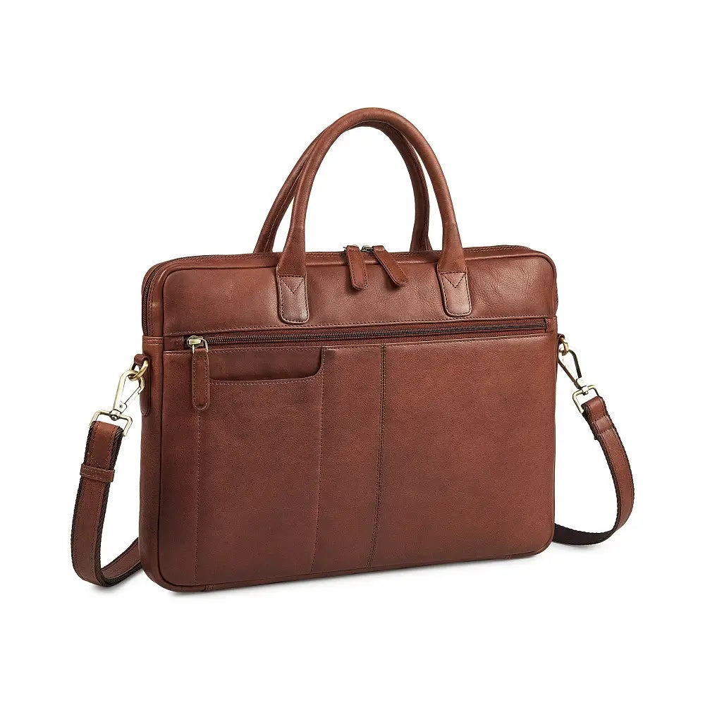 Brown leather briefcase with shoulder strap on a white background