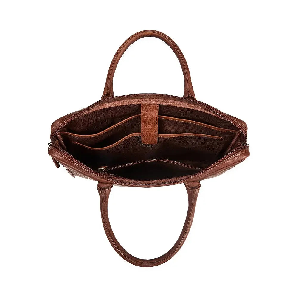 Brown leather briefcase with shoulder strap on a white background