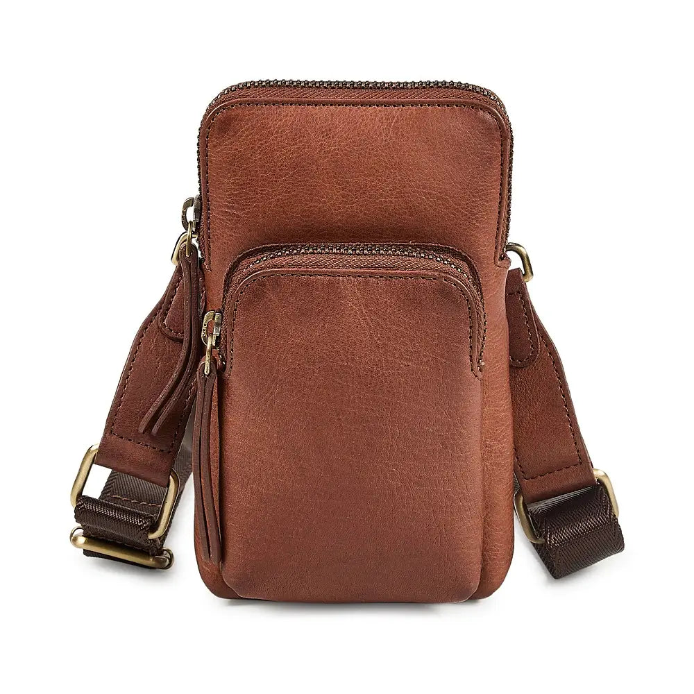 Brown leather phone bag with a strap on a white background