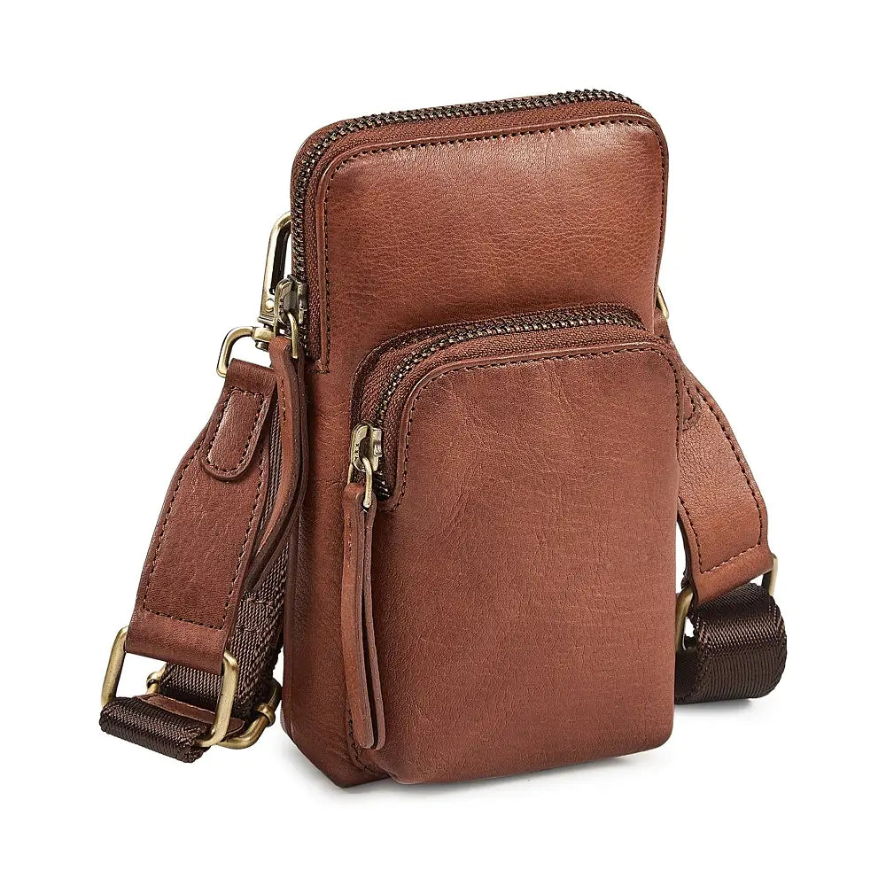Brown leather phone bag with a strap on a white background