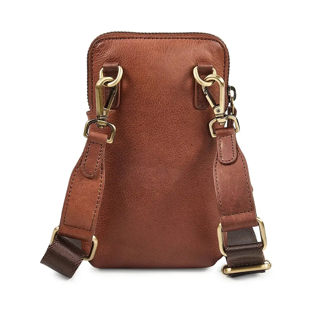 Brown leather phone bag with gold hardware on a white background
