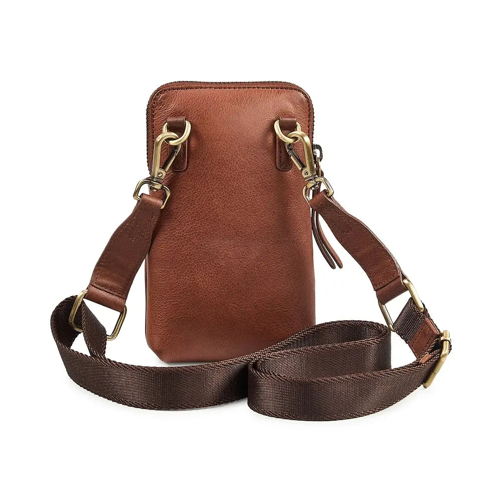 Brown leather phone bag with gold hardware on a white background