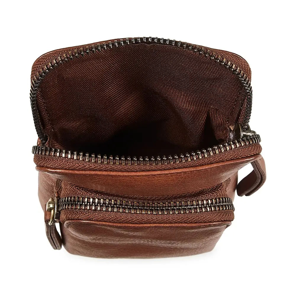 Brown leather phone bag with multiple zippers on a white background