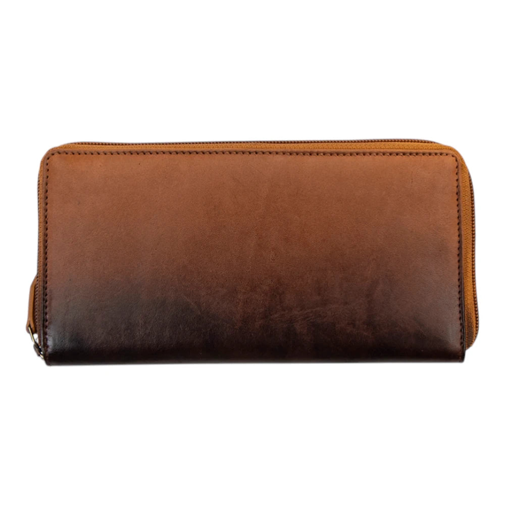 Front view of Brown Leather Zip Around Purse on a white background