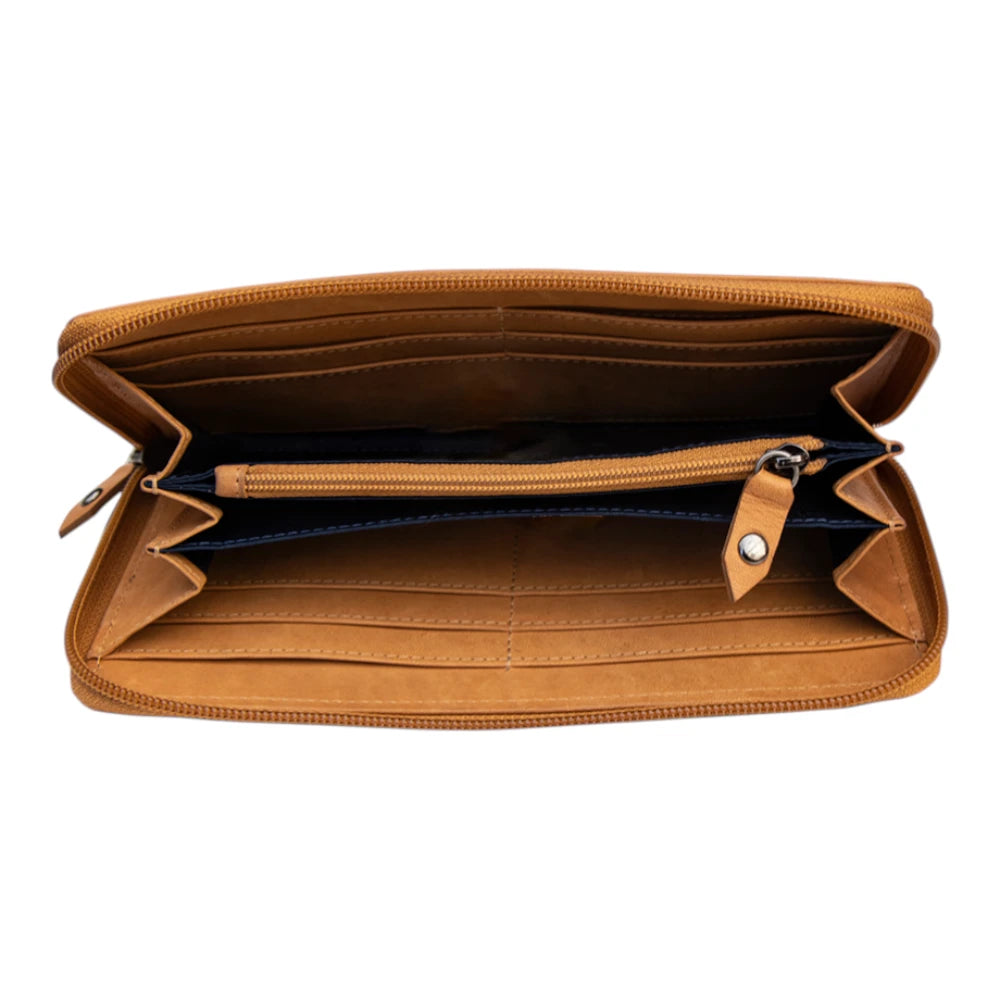 Open view of Brown Leather Zip Around Purse on a white background