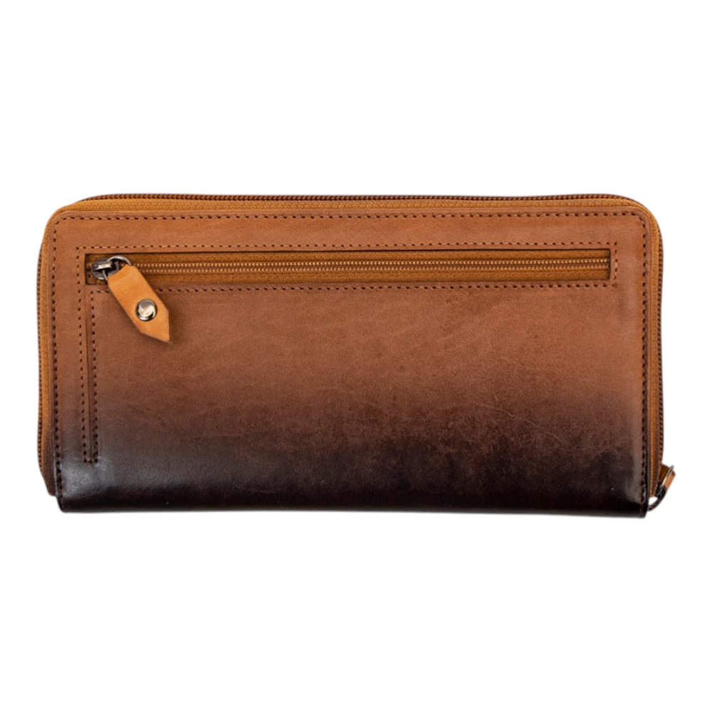 Back view of Brown Leather Zip Around Purse with a zipper on a white background