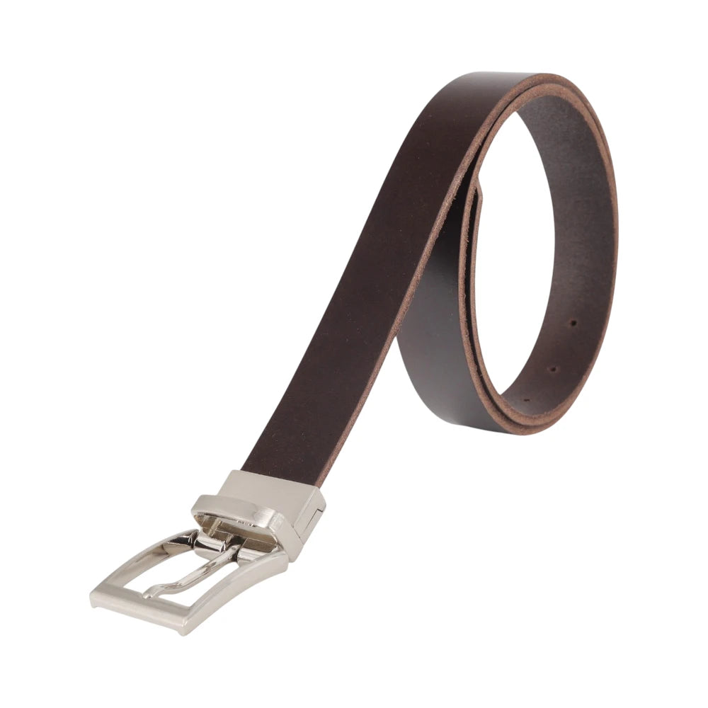 Brown leather belt with silver buckle on a white background