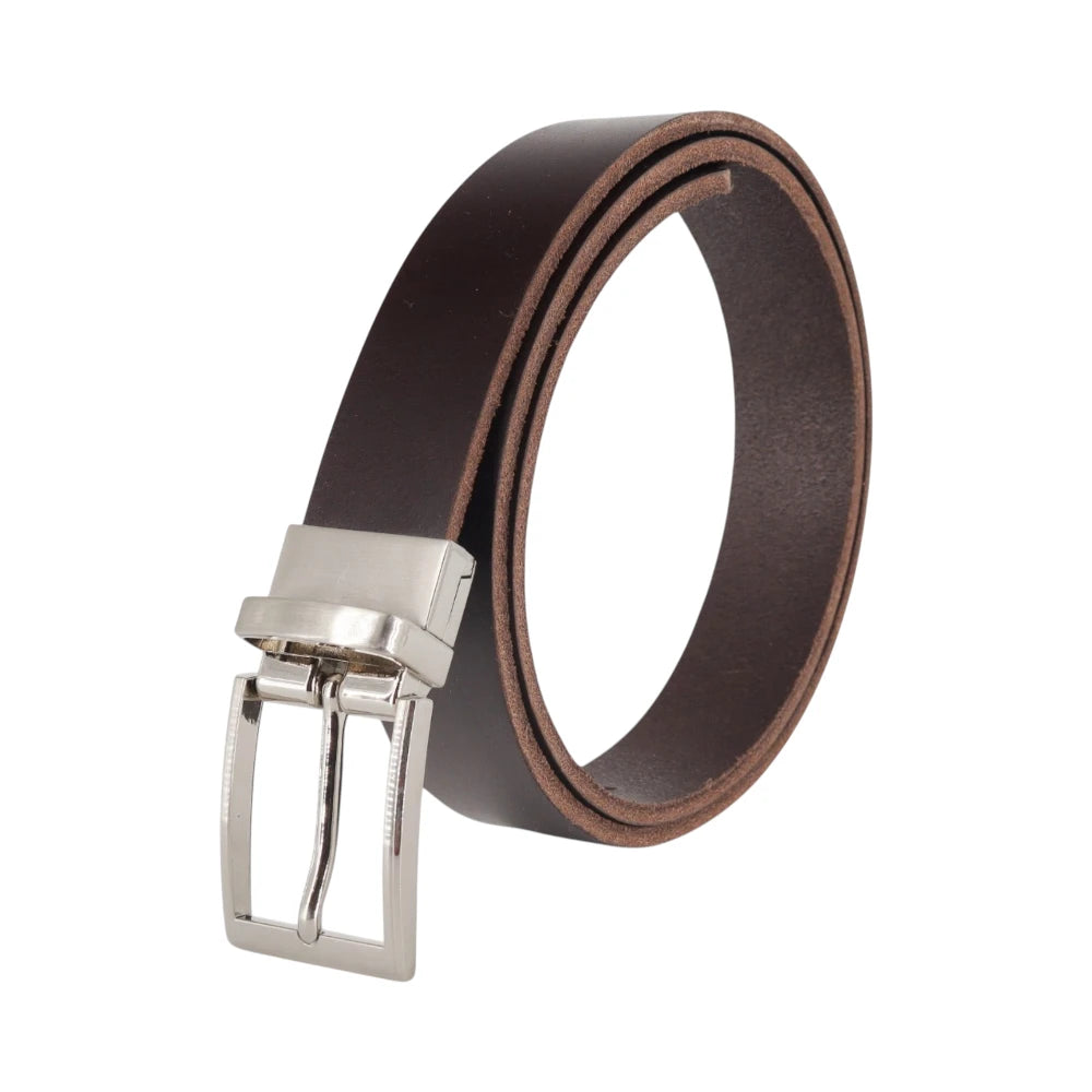 Brown leather belt with silver buckle on a white background