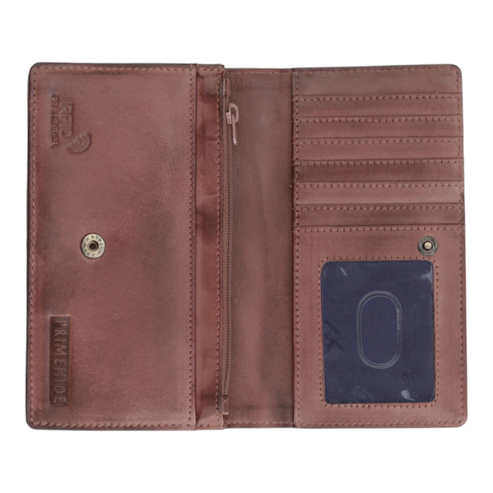 Open view of Brown leather Purse with visible brand logo on a white background