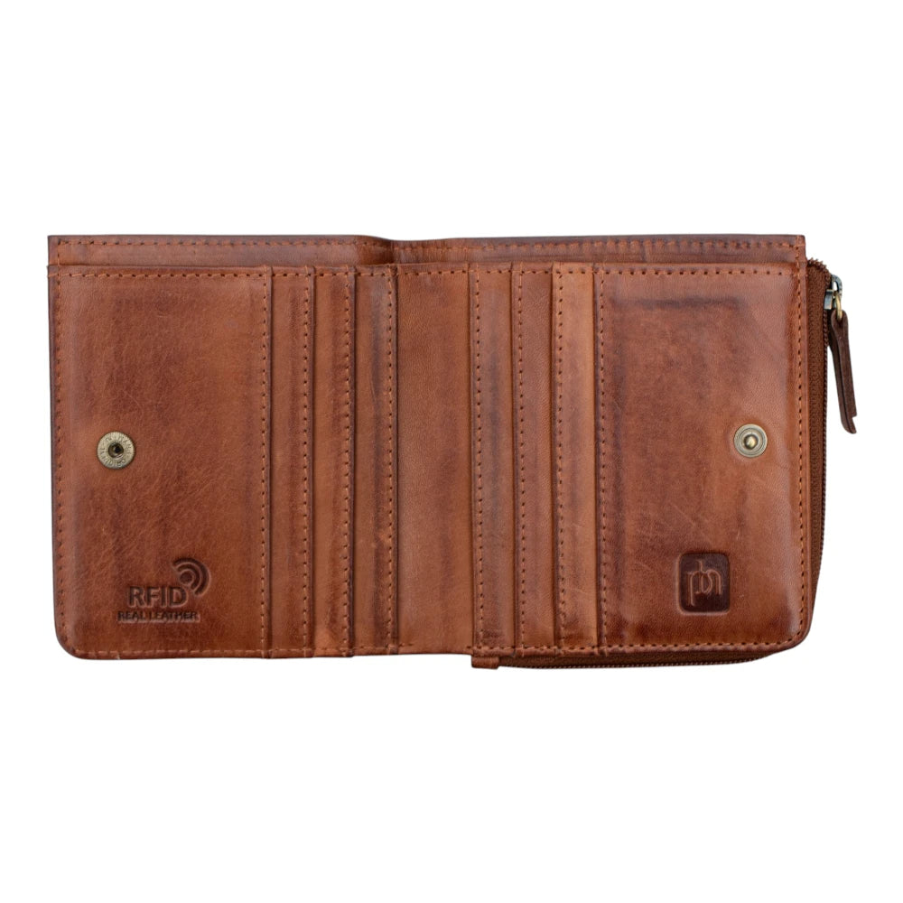 Open view of Brown leather Purse  on a white background