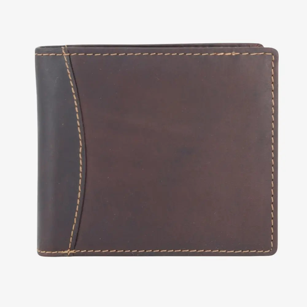 Brown leather wallet with visible stitching on a white background