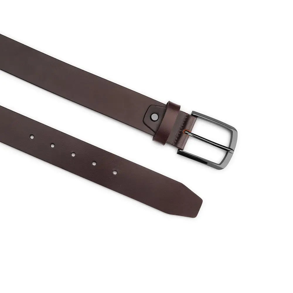 Brown leather belt with a silver buckle on a white background