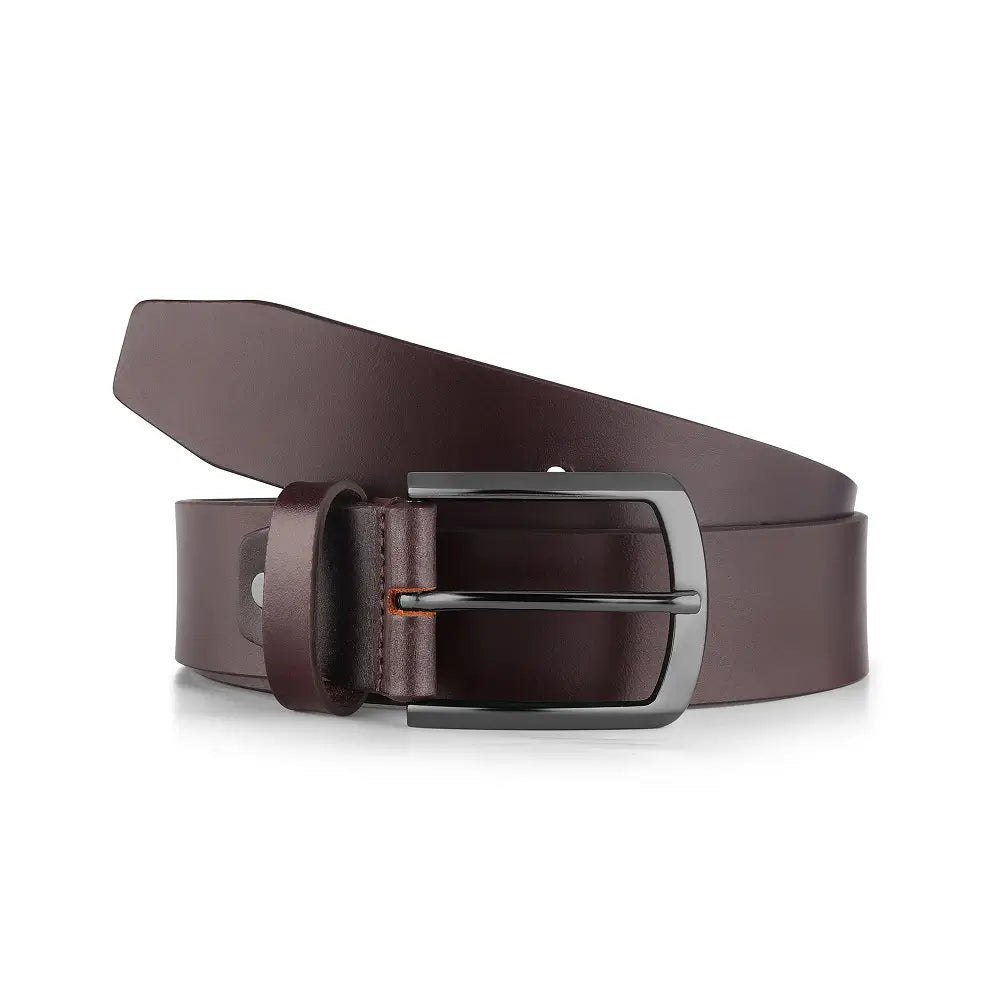 Brown leather belt with a silver buckle on a white background