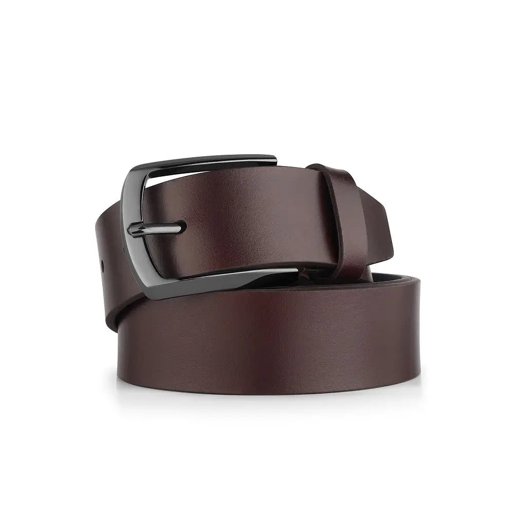 Brown leather belt with a black buckle on a white background