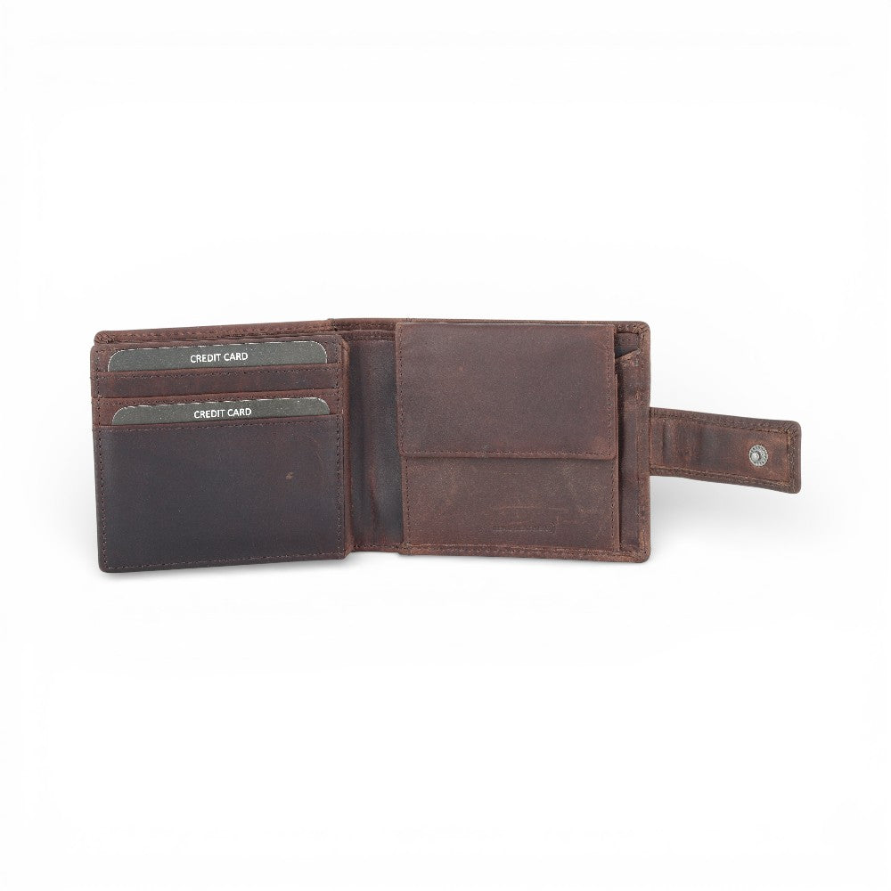 Brown leather wallet with card slots on a white background