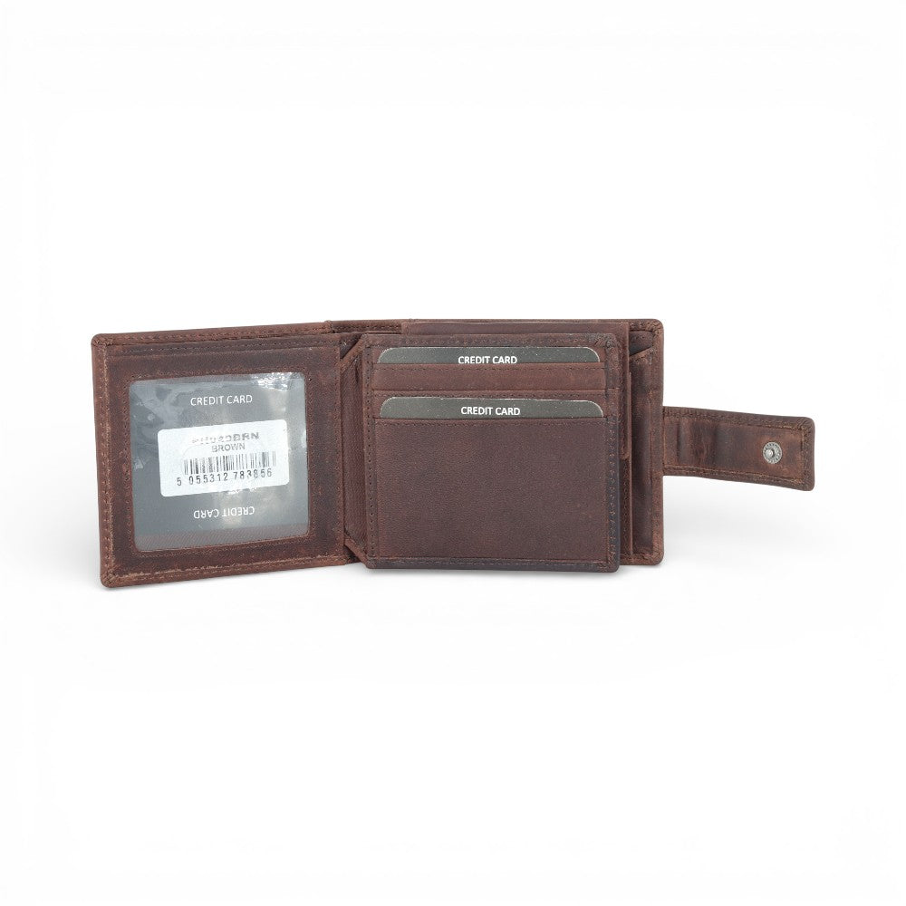 Brown leather wallet with card slots on a white background