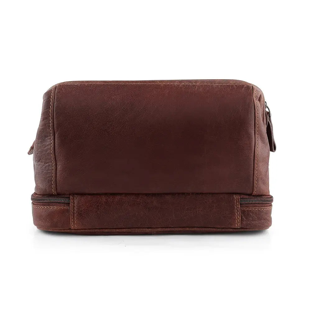 Brown leather toiletry bag on a white background