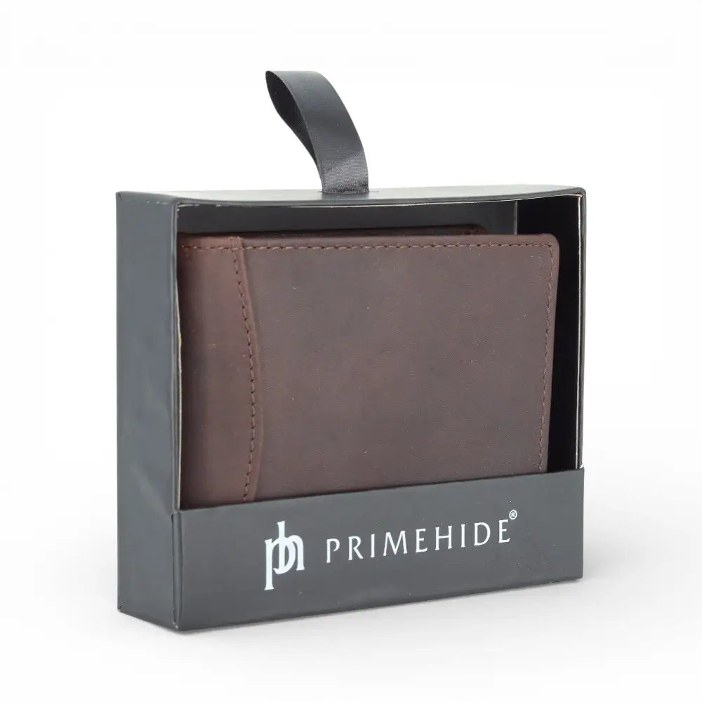 Brown leather wallet in a Primehide packaging box on a white background