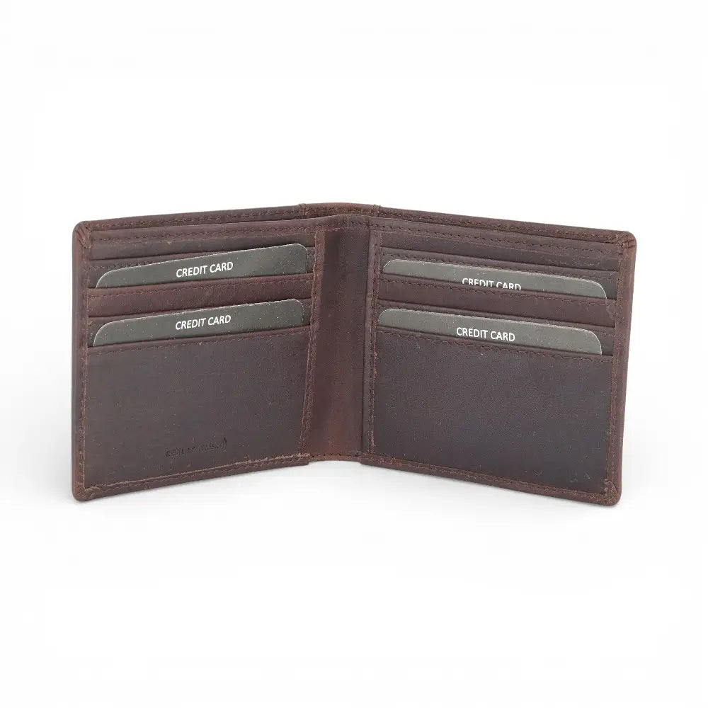 Brown leather wallet with card slots on a white background