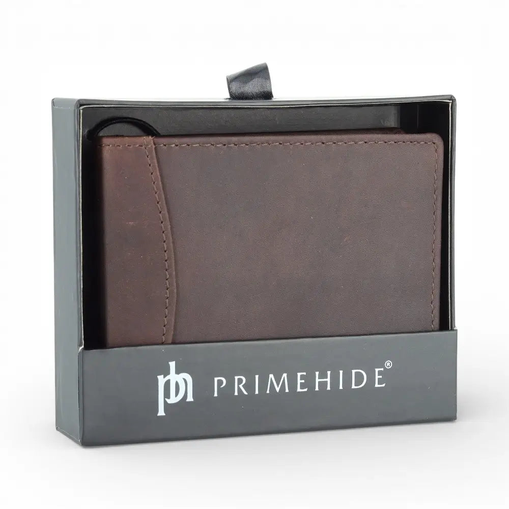 Brown leather wallet in a Primehide branded box on a white background