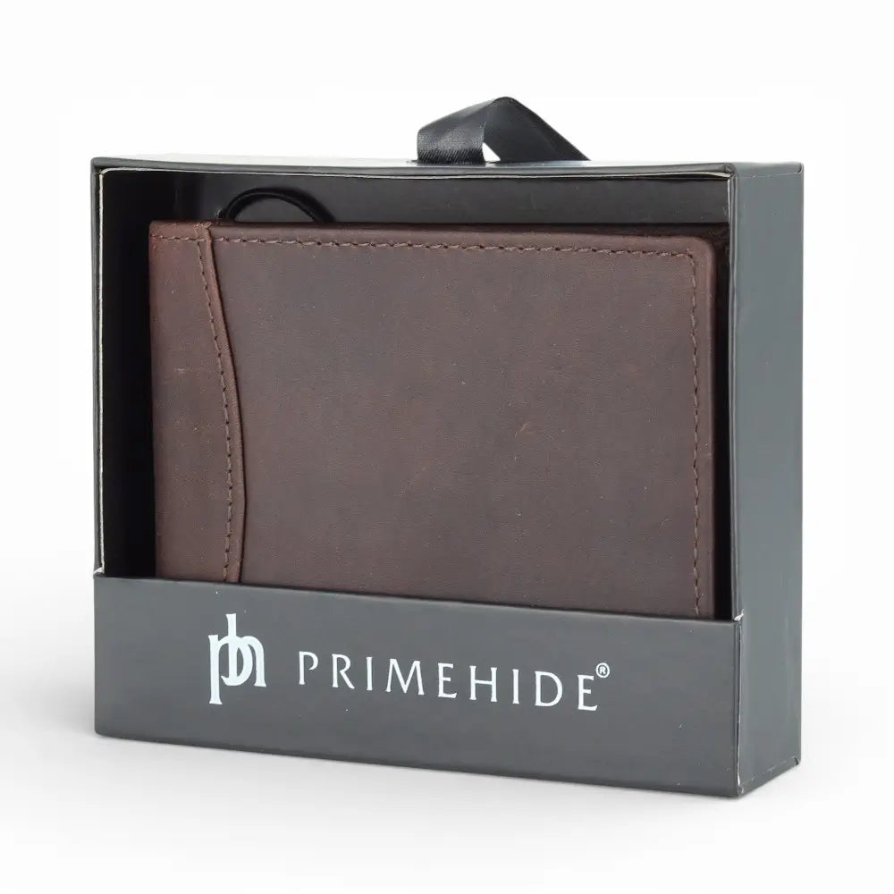 Brown leather wallet in Primehide packaging on a white background